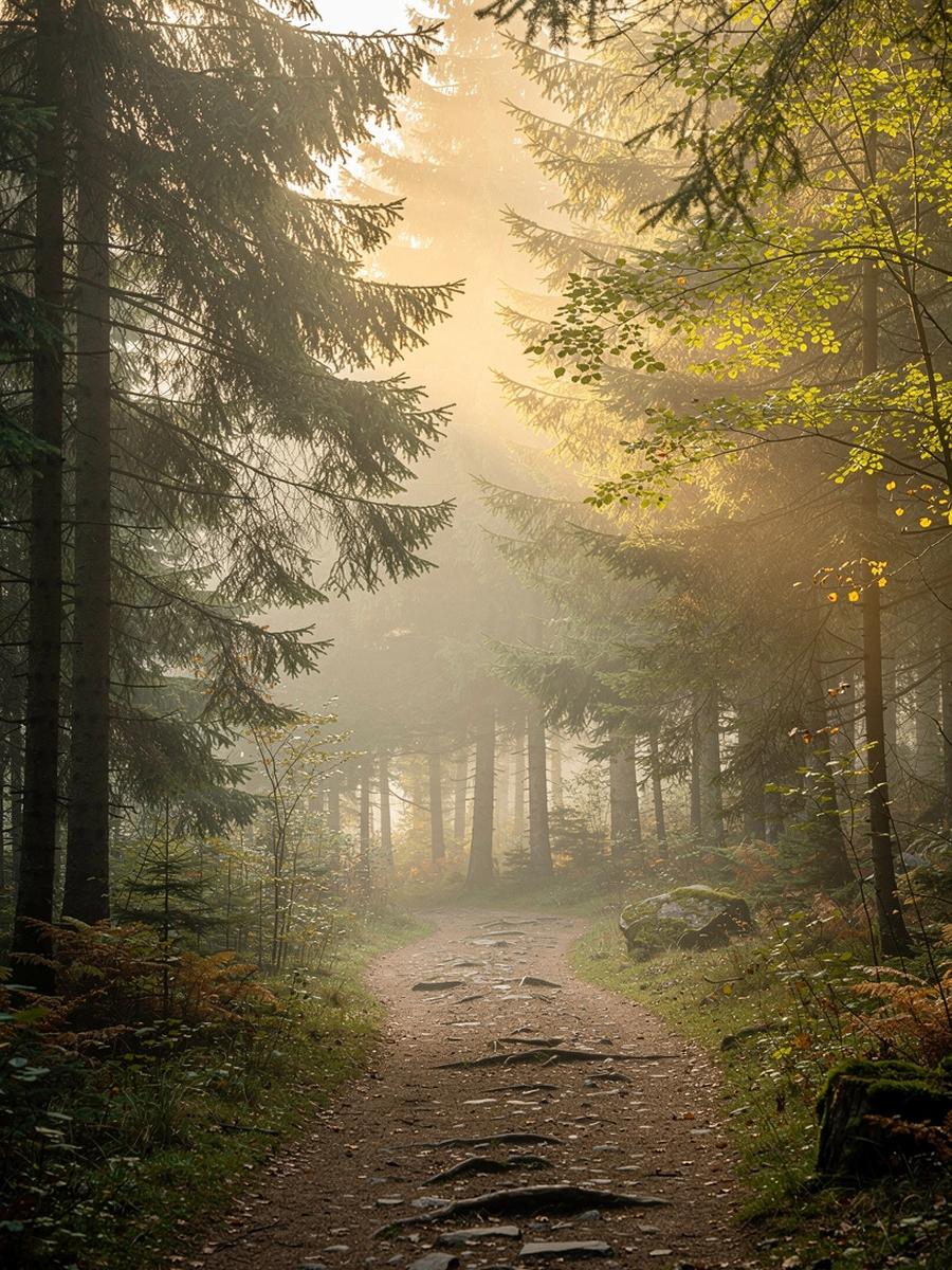 Misty Carpathian forest with a calm wellness atmosphere